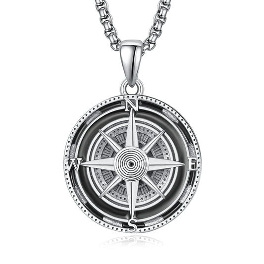KINGWHYTE Compass Necklace for Men 925 Sterling Silver Necklaces Birthday Gifts Graduation Travel Jewelry for Husband Brother with Stainless Steel Chain 22"+2"