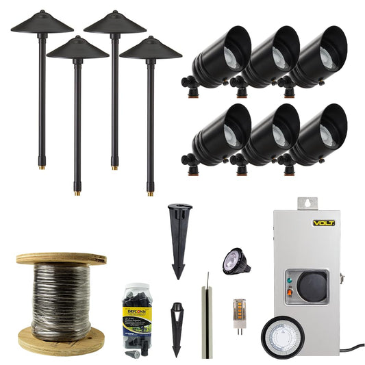 VOLT 12V Black Brass LED Landscape Lighting Kit (6 Spotlights, 4 Path Lights) with 150W Low Voltage Transformer for House, Yard, Outdoor Pathway, Walkway, Garden, Driveway or Patio