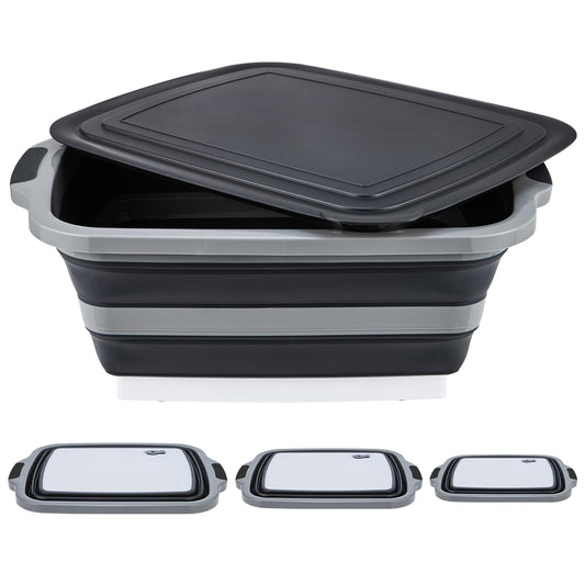 TANOSHII 3-Piece Collapsible BBQ Prep Tubs with Lids and Built-in Cutting Board – For Meal Prep Marinating Food Storage&Washing – Picnic Camping – Set of 3 – (1) Medium + (1) L + (1) XL – Black