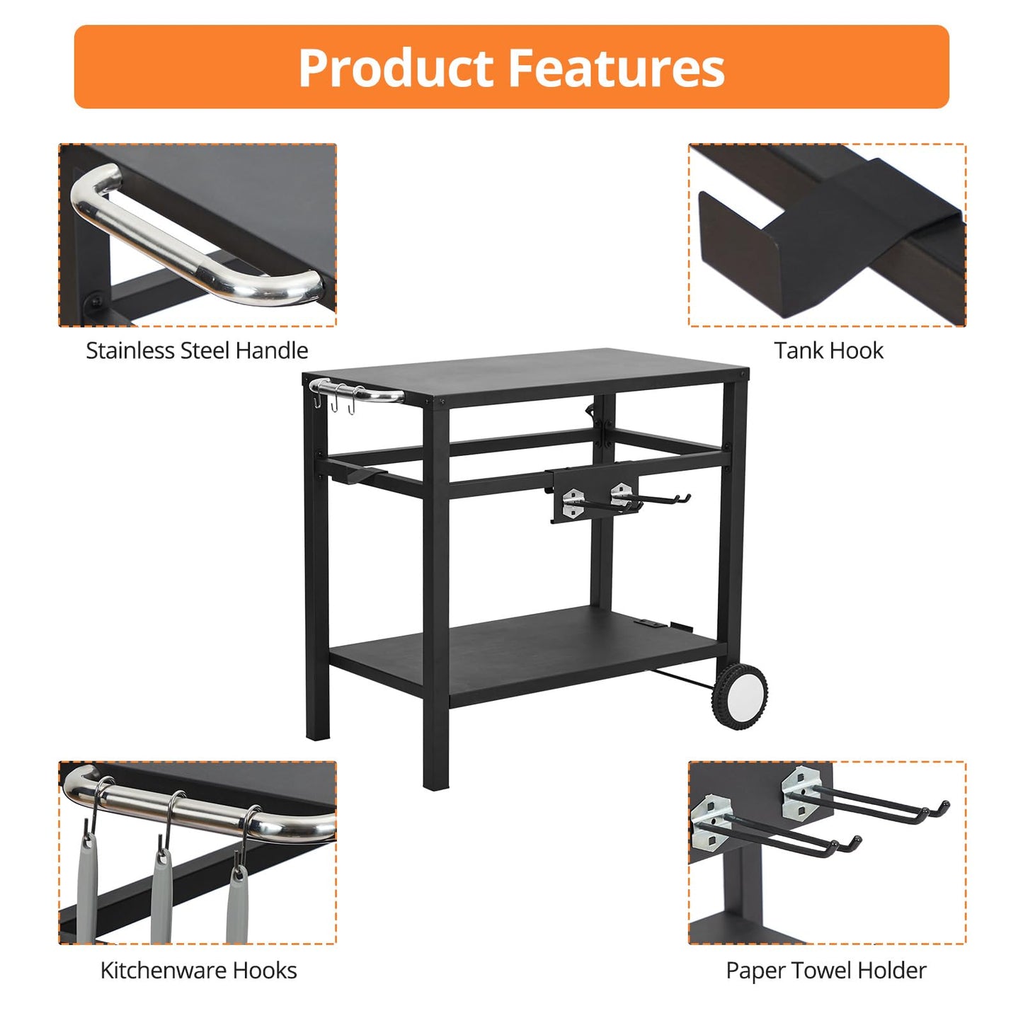Dining Cart,Outdoor Grill Cart with Double-Shelf,with 4 Hooks, Side Handle,Wheels,Cooking Table for Outdoors, Kitchen or Backyard Patio, Movable BBQ Trolley,Multifunctional and Commercial (Black)