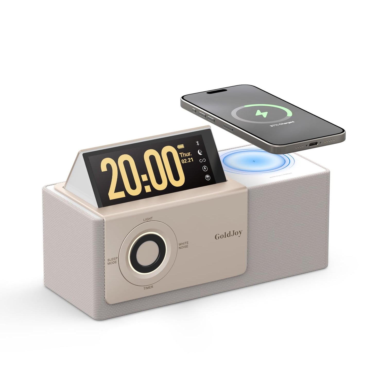 GoldJoy 7-in-1 Bluetooth Speaker Wireless Charging Station, Smart Flip-Up LCD Display Clock Syncs Phone's Time and Date, Sunset Lamp & White Noise for Sleep, 4000mAh Battery for Home, Outdoors