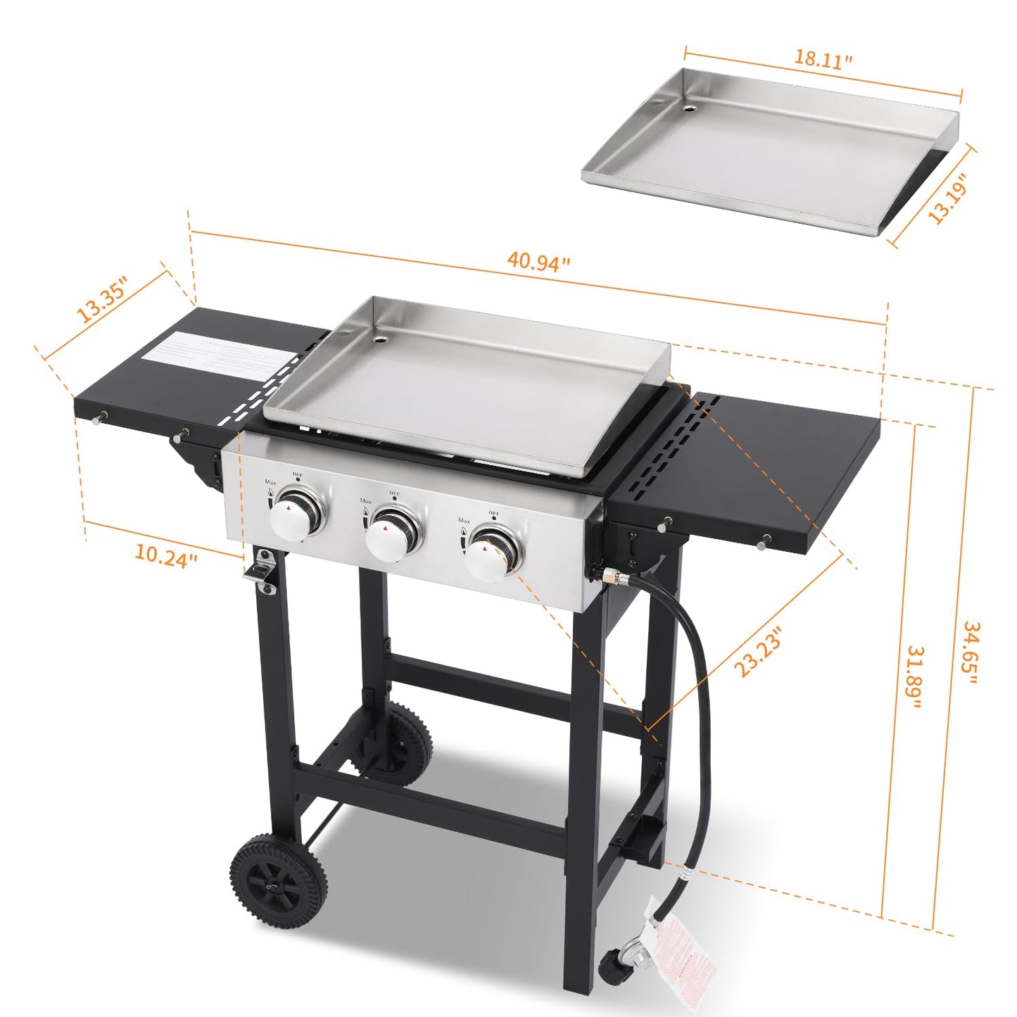 GRILL DEPOTS Gas Grill Griddle Combo with 3 Burners - Propane Grill on Cart - Stainless Steel 30,000 BTU -Camping Grill with 2 Foldable Tables, Cover - Outdoor Cooking Station for BBQ Backyard