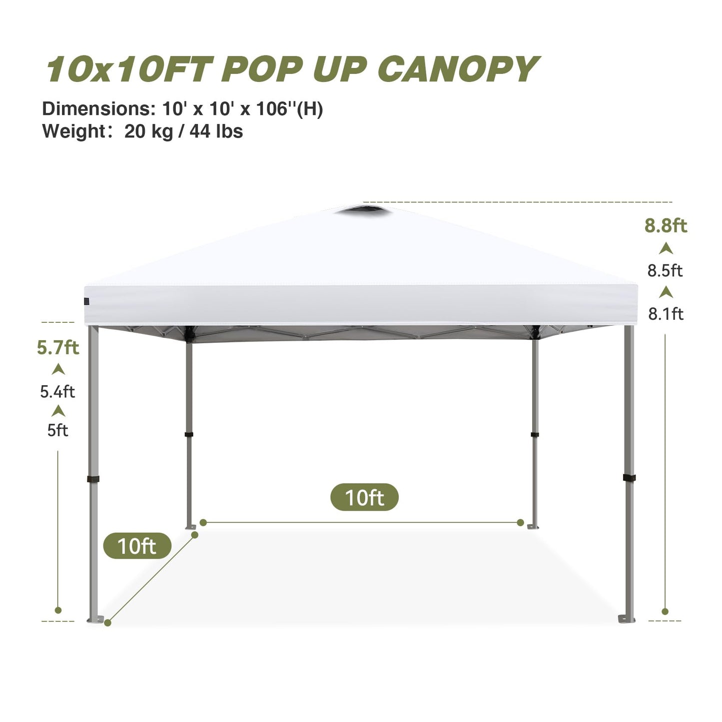 HYPER VENTURE 10x10ft Pop Up Canopy Tent with One Push Setup, Portable Outdoor Event Shelter with Rolling Carry Bag for Camping, Beach, Market, Patio (White)