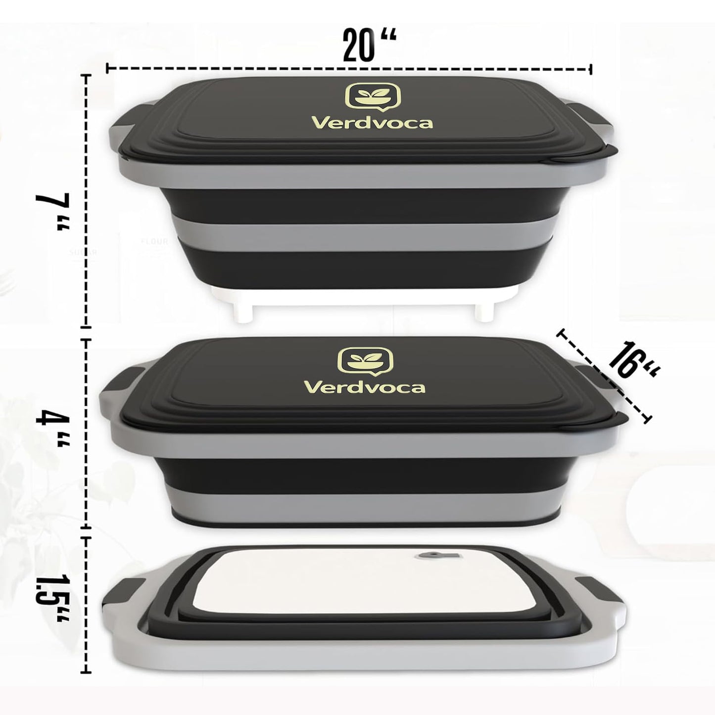 Verdvoca 2Pcs XXL & 1x 16L Collapsible BBQ Prep Tubs/Cutting Board with Lids for Fruit Prep & Washing, Meal Marinating and Food Storage (30L Orange +30L Black+16L Black)
