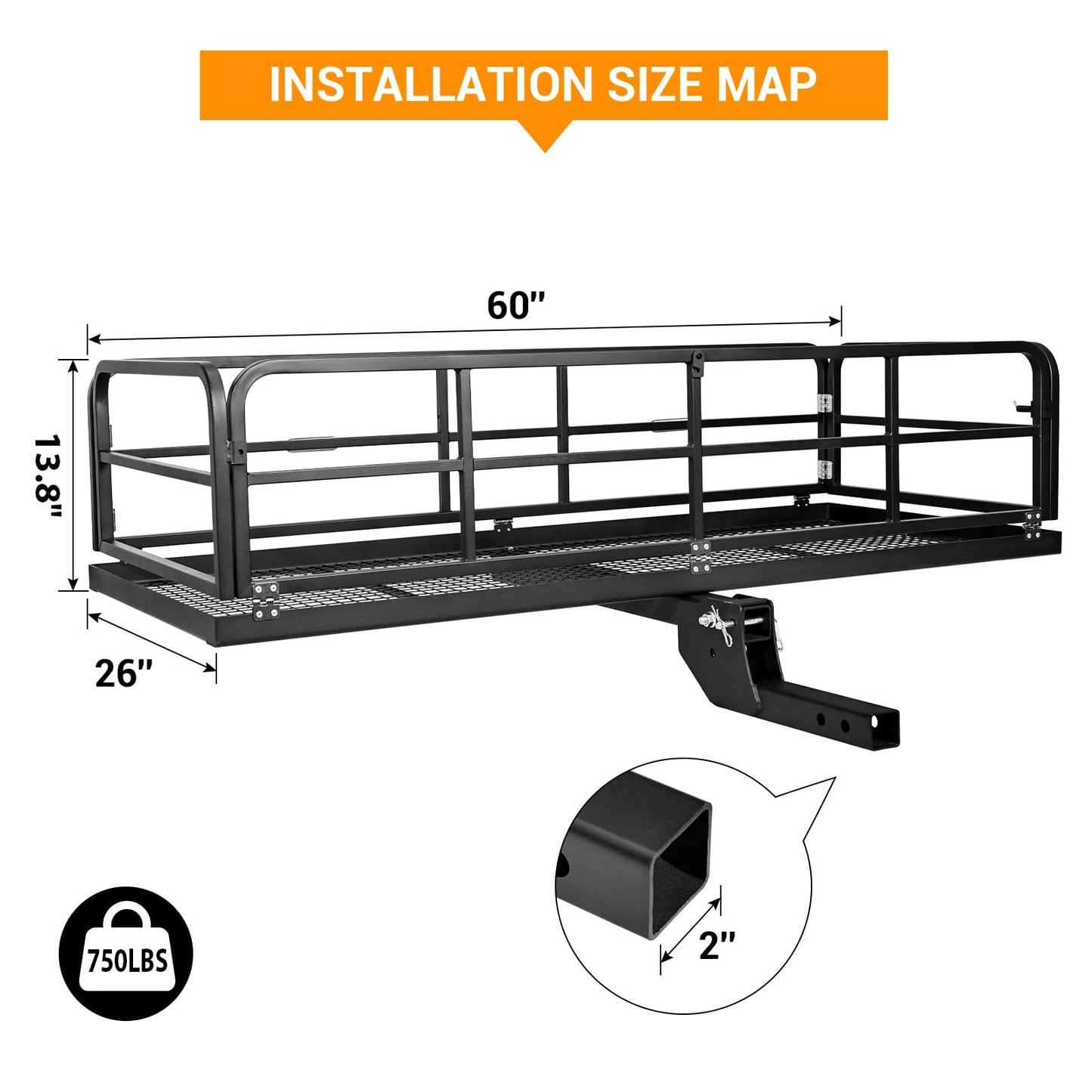Folding Hitch Mount Cargo Carrier Rack - 750 LBS Heavy Duty Rear Luggage Basket for Car SUV, Fits 2" Receiver - Tow Hitch Cargo Rack for Camping Travel, Black