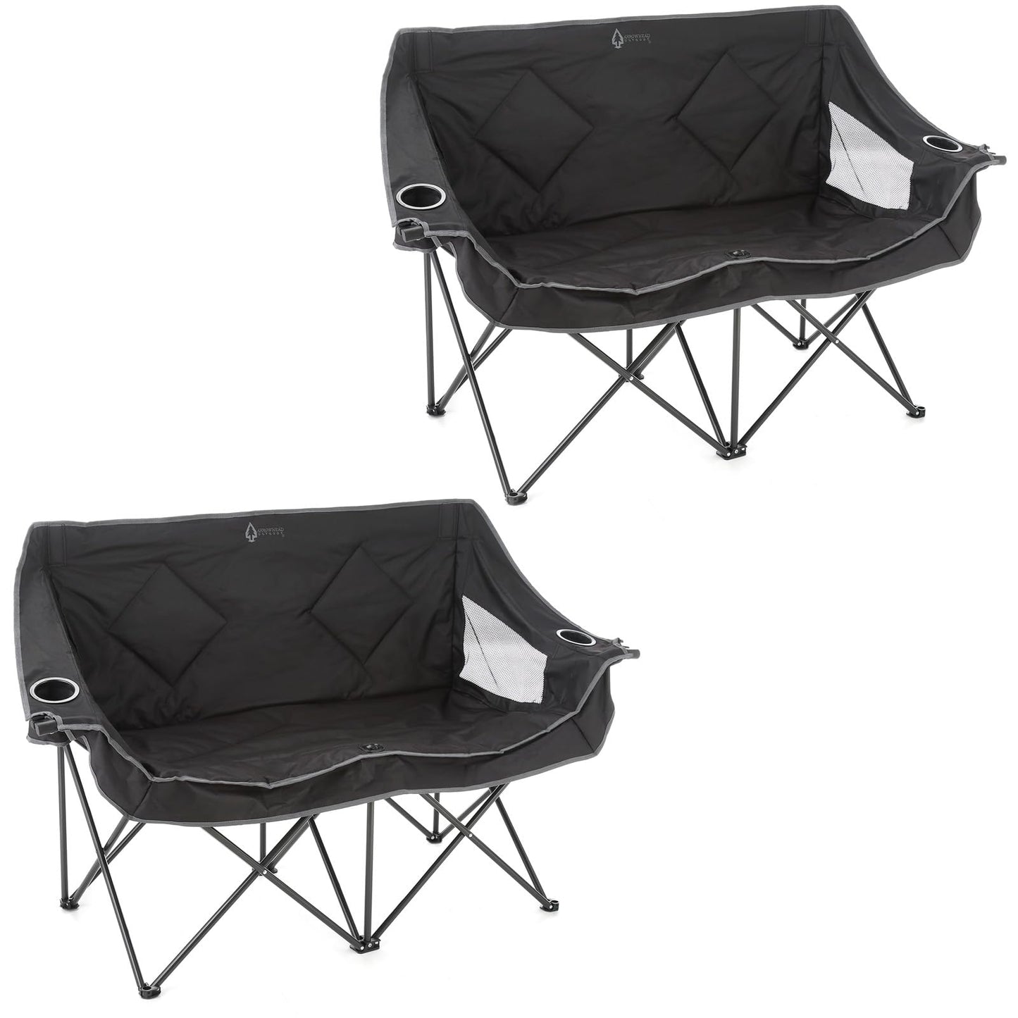 ARROWHEAD OUTDOOR 2-Pack Portable Folding Double Duo Camping Chair Loveseat w/ 2 Cup & Wine Glass Holder, Carrying Bag, Supports up to 650lbs