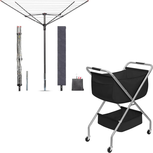 STORAGE MANIAC Outdoor Umbrella Drying Rack + 2 Tier Collapsible Laundry Cart