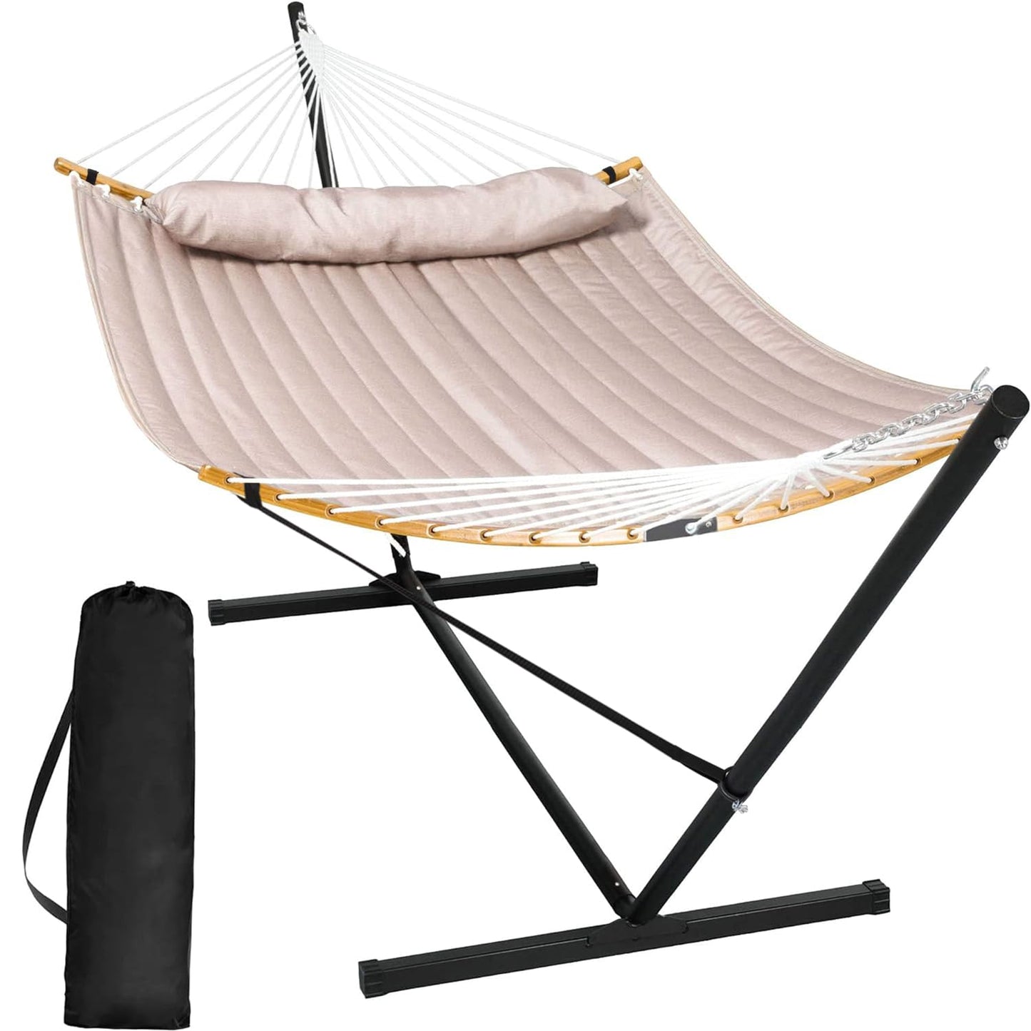 SUNCREAT 55 Inch Large Double Hammock with Stand, 450lbs Capacity, Outdoor Portable Hammock with Curved Spreader Bar, Extra Large Pillow, Tan