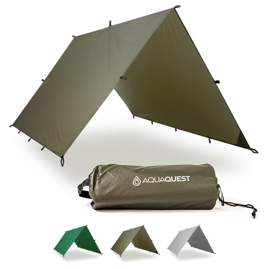 AquaQuest Guide Tarp – Ultralight Waterproof (5,000 mm) Seam‑Taped 40D Ripstop Rain Fly for Backpacking, Stealth Camping & Thru‑Hiking – 10×10 Olive Drab