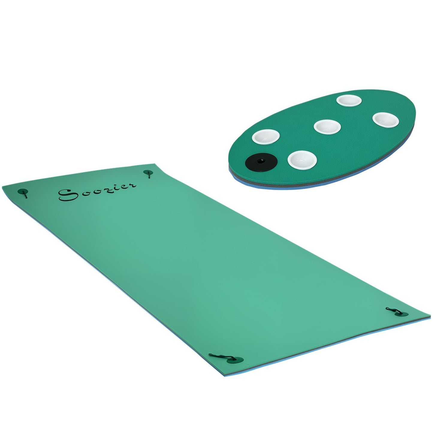 Soozier 12' x 5' Lily Pad Floating Mat with Cup Holder Table, 3-Layer Portable Roll-Up Water Mat Float Dock for 2-3 People, on Lake, River, Beach, Swimming Pool, Green