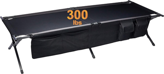 Portal Folding Portable Camping Cot, Guest Bed with Carry Bag and Side Storage Organizer, Camping Cots for Adults Sleeping, Away Tent Sleeping Cot Bed, Supports 300 LBS, Black