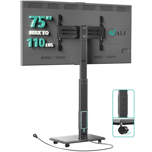 WALI Rolling TV Stand with Power Outlet, Mobile Tall TV Stand Mount on Wheels for 39-75 inch TV up to 110 lbs, Swivel Height Adjustable TV Cart with Wood Base for Bedroom(TVDVD-7PR), Black