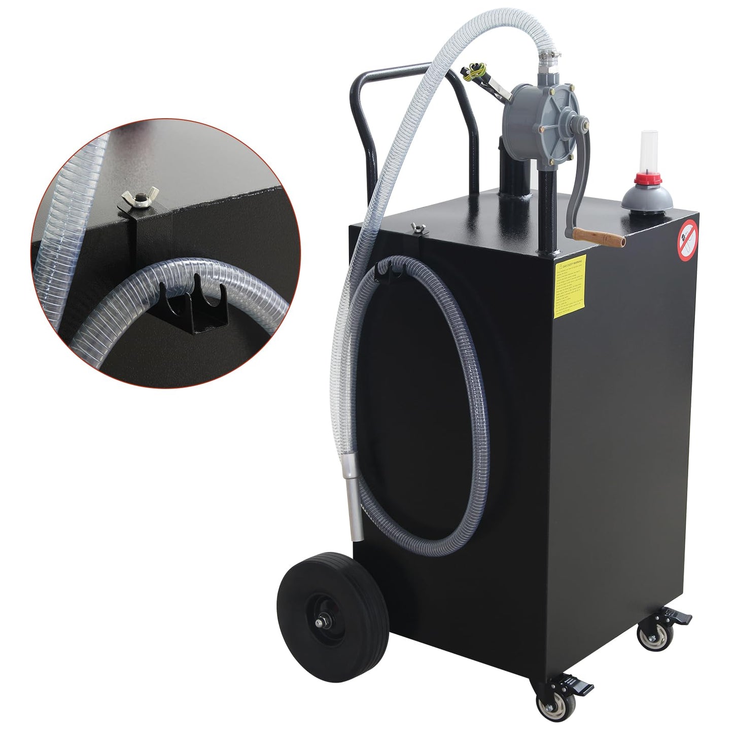 40 Gallon Portable Gas Caddy Fuel Storage Tank Large Gasoline Diesel Can Hand Siphon Pump with Rolling Flat-Free Solid Rubber Wheels for Boat, ATV, Car, Motorcycle (Black)