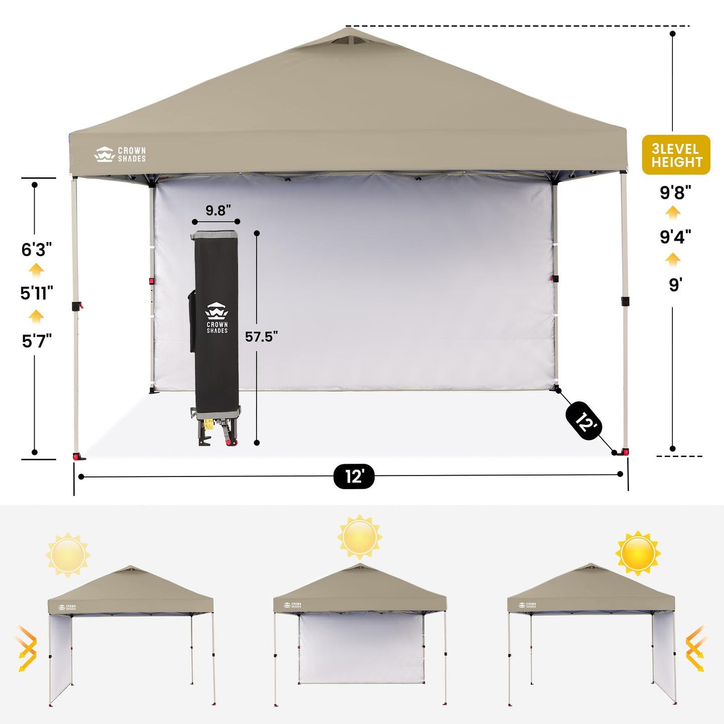 CROWN SHADES Pop Up Canopy with 1 Side Wall - Beach Tent with One Push Setup - Outdoor Sun Shade for Events, Parties, Camping - Gazebo with STO-N-Go Cover Bag, Beige, 12x12FT