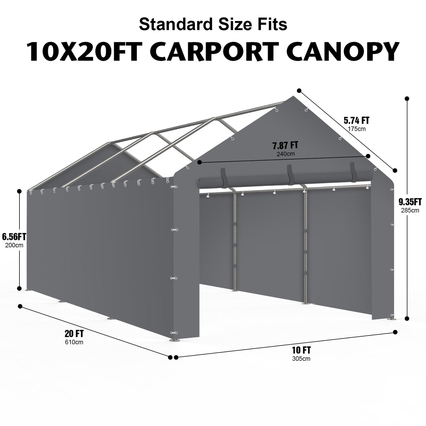 Carport Replacement Canopy Cover Sidewalls for 10x20x9.35FT Frame, Heavy Duty Garage Car Tent Shelter Tarp with Ball Bungees, Waterproof & UV Protected (Frame is not Included) (Grey)