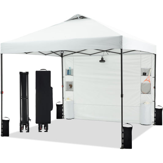 Tunbne 10'x10' Pop Up Canopy Tent with 1 Sidewall and 6 Pockets, One Push Setup, Instant Shade Tent with Vented Roof for Beach Patio Outdoor, Case, 8 Stakes, 4 Ropes, 4 Sandbags (White)