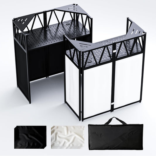lunacme Portable DJ Booth Table,Foldable DJ Table Stand with White & Black Scrim,Adjustable D J Facade Station Triangle Plate Metal Frame with Cable Hole for Private Events, Clubs, Bars