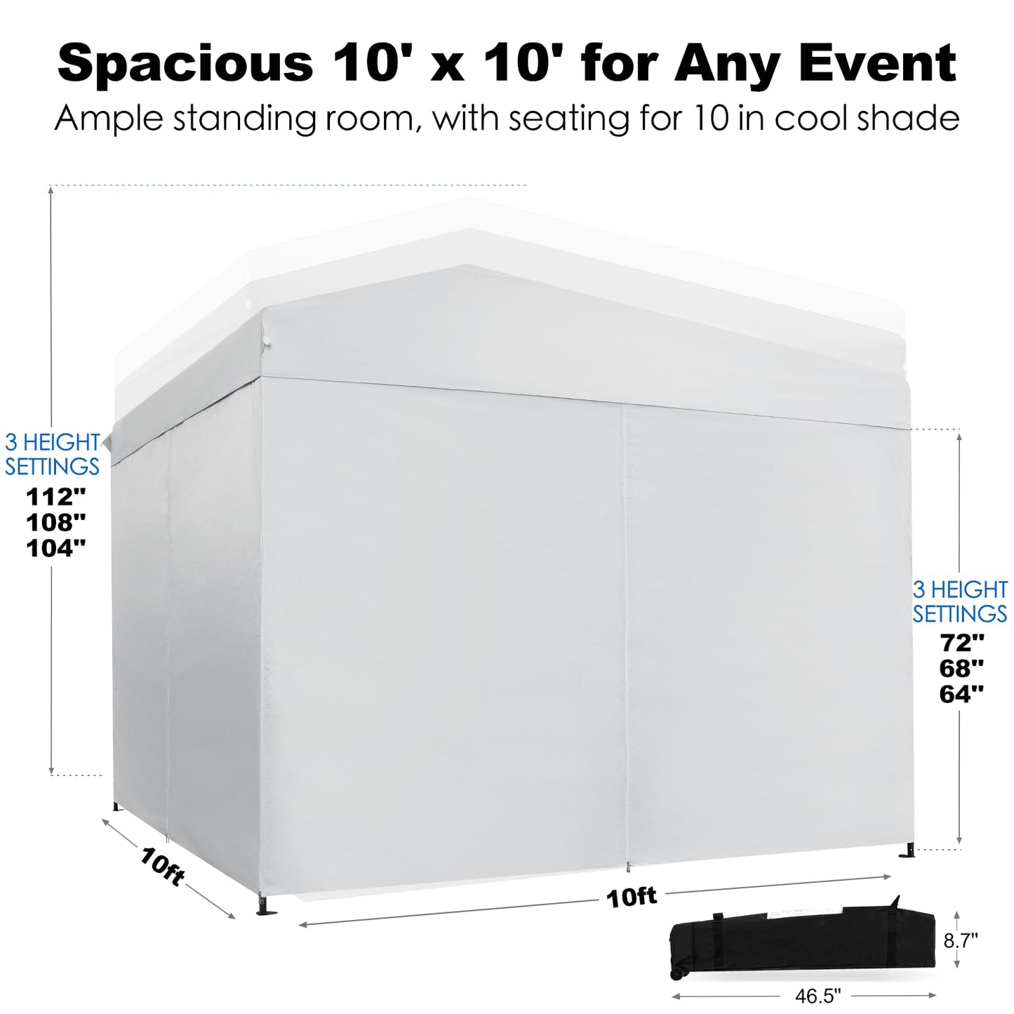 GAFETE 10X10 Comercial Pop Up Canopy Tent with 4 Sidewalls and 6 Pockets, One Push Setup Center Lock, Portable Instant for Beach Patio Outdoor Events, Case, 8 Stakes, 4 Ropes, 4 Sandbags (White)