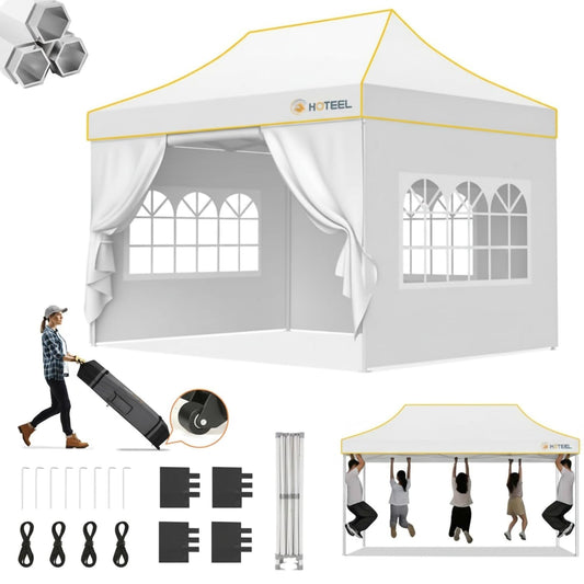 Hoteel 10x15 Pop Up Canopy Tent Heavy Duty with 4 Sidewalls, Waterproof Party Tent, Easy Set-up Commercial Instant Tents with Roller Bag & Sandbags, Hexagonal Leg (1-Year Warranty)