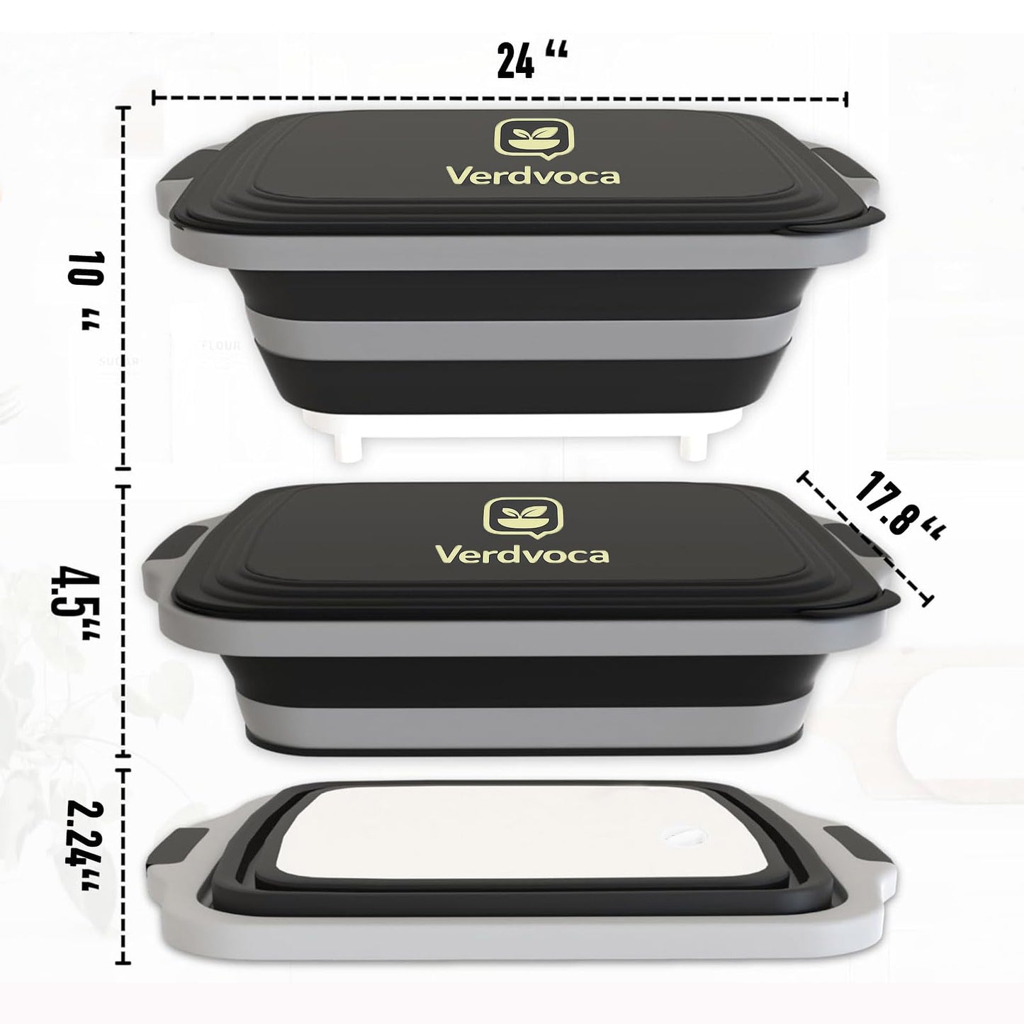 Verdvoca 2Pcs XXL & 1x 16L Collapsible BBQ Prep Tubs/Cutting Board with Lids for Fruit Prep & Washing, Meal Marinating and Food Storage (30L Orange +30L Black+16L Black)