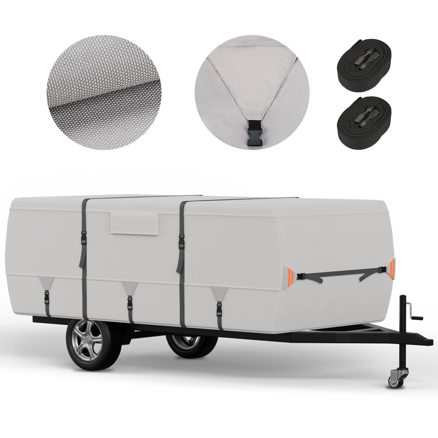 Tuszom True 900D Oxford Anti-Scratch Pop Up Camper Trailer Cover, Upgraded Waterproof Anti-UV Folding Camping RV Cover, Fit 12'-14' with 7 PCS Reinforced Windproof Straps for Motorhome