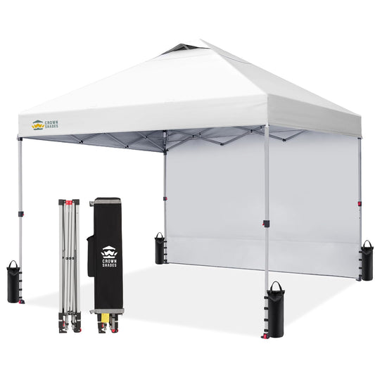 CROWN SHADES 10x10 Pop Up Canopy with 1 Side Wall - Beach Tent with One Push Setup - Outdoor Sun Shade for Events, Parties, Camping - Gazebo with STO-N-Go Cover Bag (White)