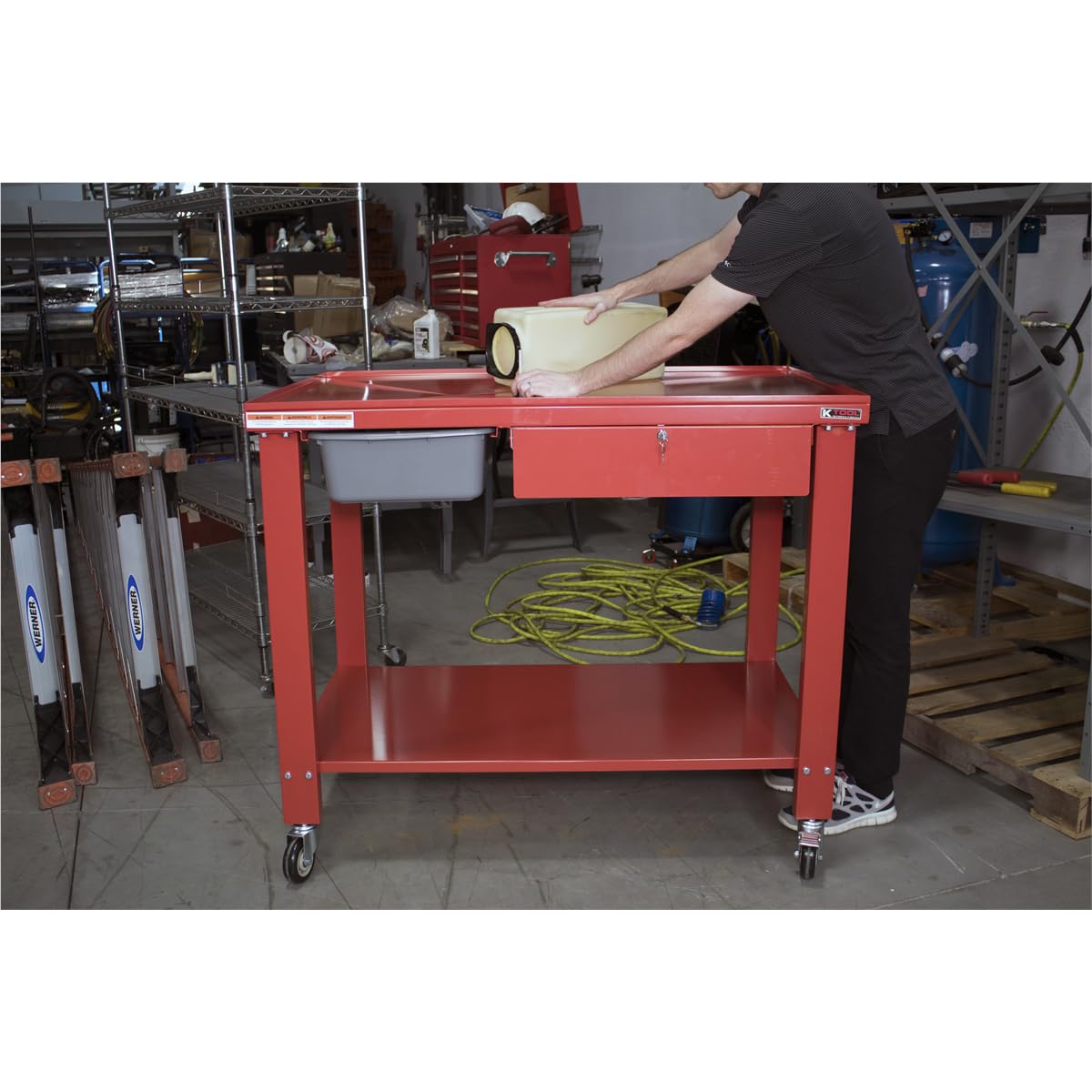 K Tool International 75109 48" x 32" Tear Down Table for Garages, Repair Shops and DIY, 31" Height, Raised Edges, Offset Drain, 3-Gallon Drain Pan, Lockable Storage Drawer, 4" Swivel Casters, Red