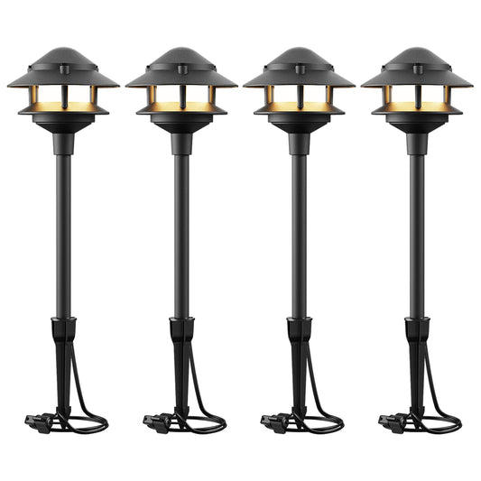 VENUS MANUFACTURING 12V Low Voltage Landscape Path Lights, 4-Pack 2.2W LED 2-Tier Tiered Path Lights (3100K Warm White) Landscape Lighting, Die-Cast Metal Housing with Stake, IP65 Weatherproof, Black
