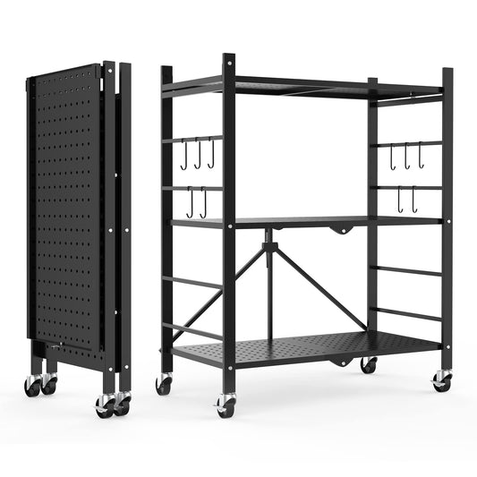 Himix Storage Shelves with Hooks, Foldable Metal Shelving Unit on Wheels, No Assembly Collapsible Shelves for Storage, Holds 264 Ibs Storage Rack for Kitchen Garage Pantry Room Organization