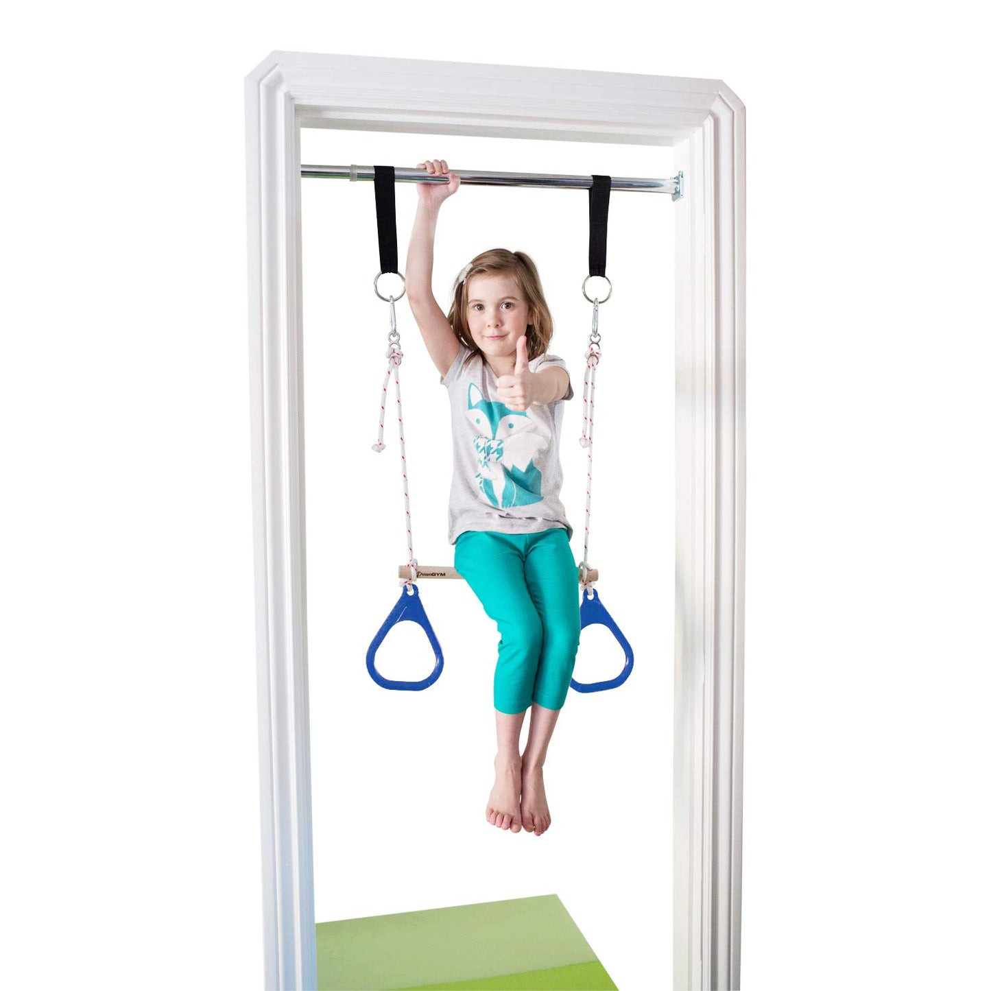 DreamGYM Doorway Swing for Kids Indoor - Trapeze Bar and Blue Gymnastic Rings Combo