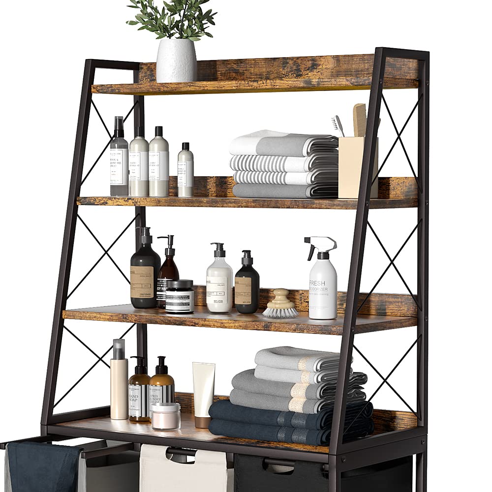 Herture Laundry Basket, 3 Section Laundry Hamper with 4 Tiers Shelf, Pull-Out and Removable Laundry Bags, Large 3 x 15.87 Gallons, for Laundry Room Bathroom Rustic Brown PF05XLN