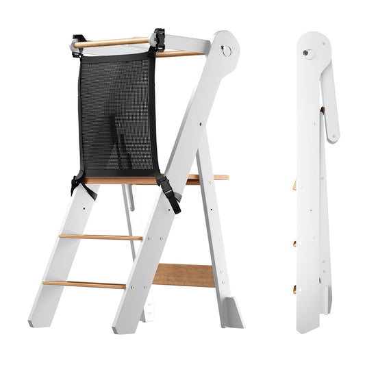 COSYLAND Foldable Toddler Kitchen Stool Helper - Height Adjustable Standing Tower for Bathroom Sink or Kitchen Counter - Step Stool for Toddlers Ages 18 Months to 6 Years White & Natural