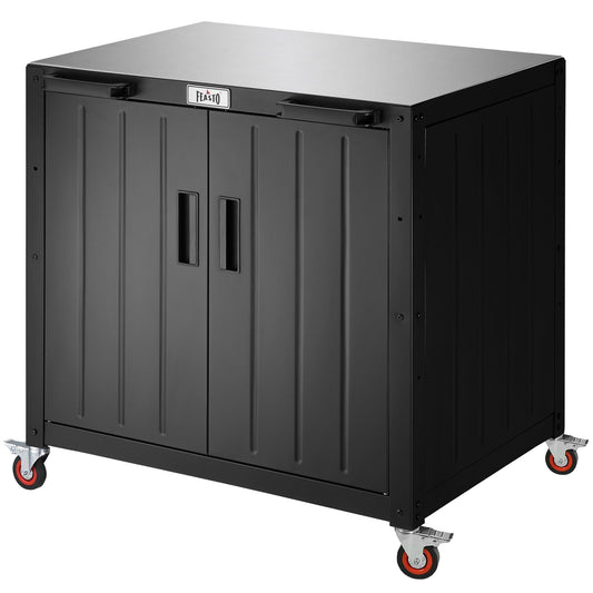 Feasto Outdoor Grill Cart with Storage Cabinet and Stainless Steel Top, 35-Inch Outdoor Grill Station with Door, Modular Kitchen Island for Food Prep and BBQ, Black & Silver
