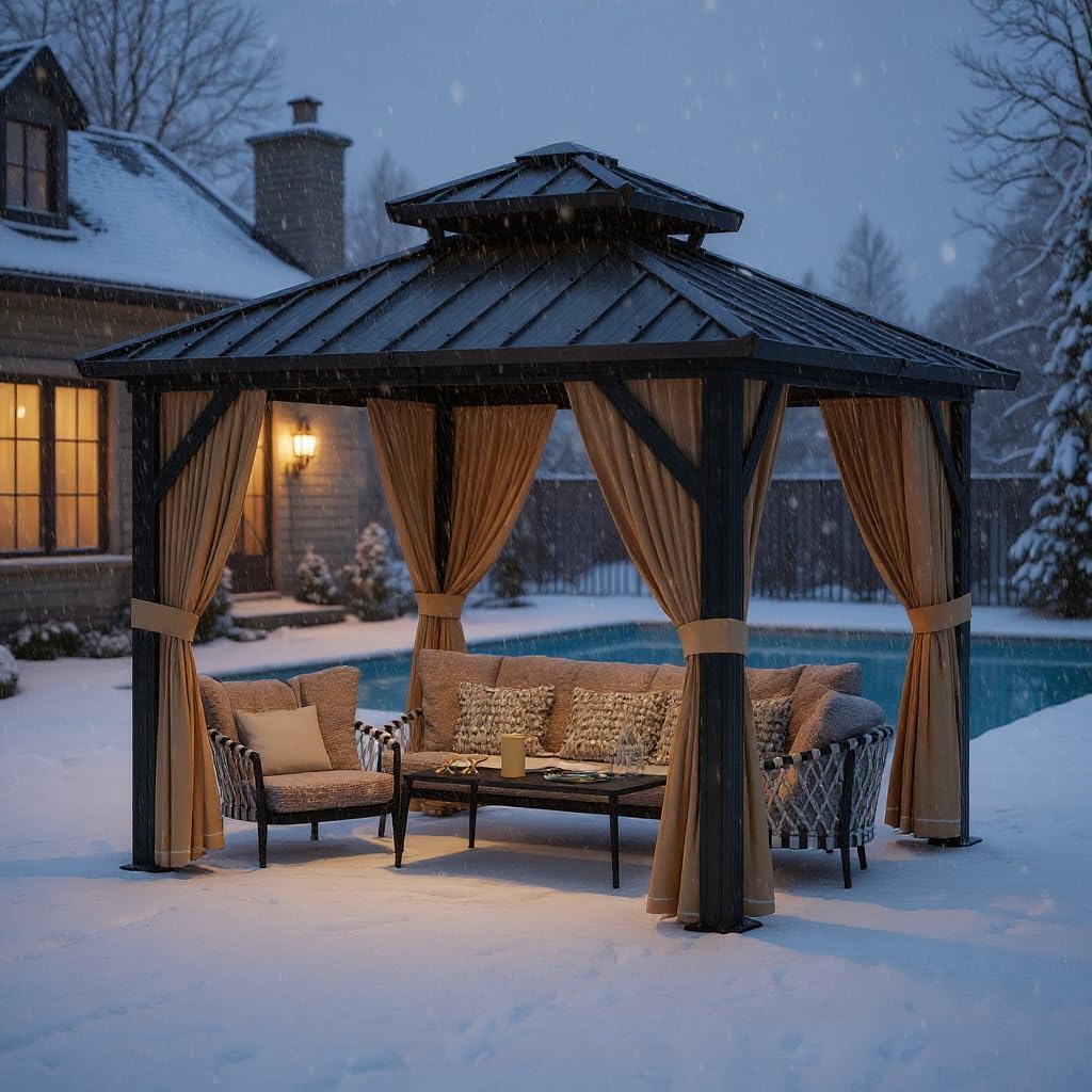 10x10 ft Hardtop Gazebo with Galvanized Steel Double Roof, Heavy Duty Galvanised Steel Hardtop Pavilion with Nettings and Curtains for Party, Wedding, Outdoor Dining, Patio, Backyard