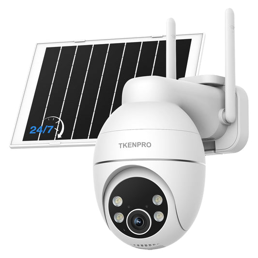 TKENPRO Solar Security Cameras Wireless Outdoor, 2.4GHz Wi-Fi, 24/7 Continuous Recording, Human Auto Tracking, Outdoor Camera Wireless with 2K Color Night Vision, 360° Panoramic View