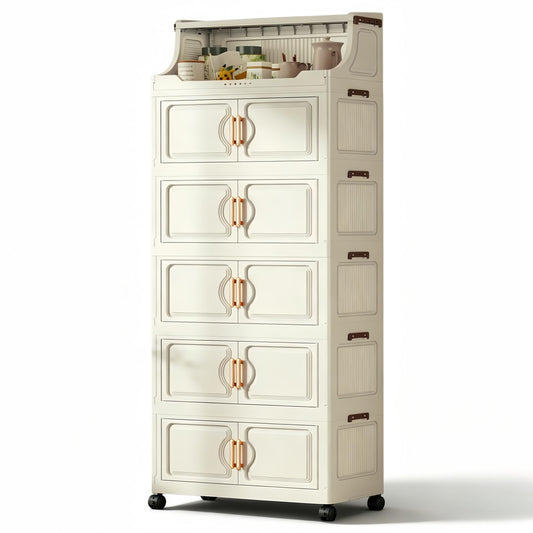 260QT Stackable Storage Bins with Lids & Rack, 6 Tier Large Capacity Foldable Storage Cabinet, Clear Collapsible Pantry Organizer for Home, Kitchen, Bathroom, Dorm, Office, White