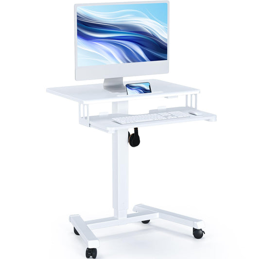 BONTEC Mobile Standing Desk with Keyboard Tray, Mobile Podium, Rolling Laptop Sit Stand Desk on Wheels, Adjustable Height Up to 33lbs, Portable Computer Workstation Cart for Living Room, Office, White