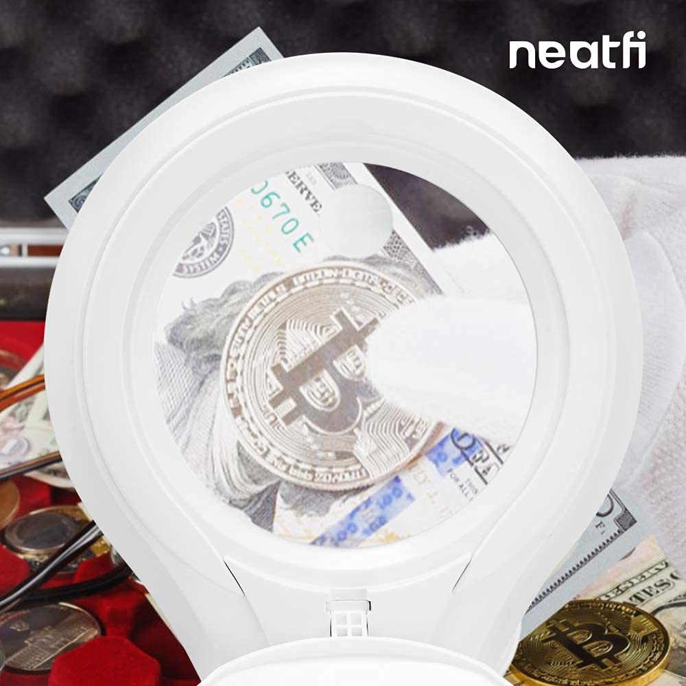 Neatfi LED Bifocal Magnifying Lamp 1,200 Lumens – 5” Glass Lens, Dual Magnification 2.25X/6X, Dimmable | Adjustable Arm with Clamp | Crafting, Jewelry & Reading (5 Diopter + 20 Diopter, White)