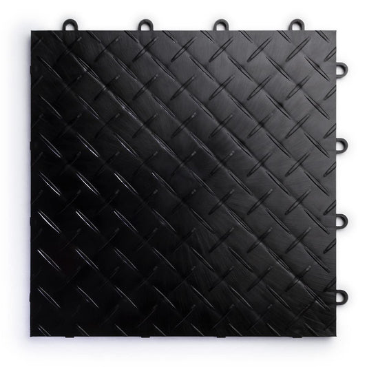 Big Floors RaceDeck Garage Floor Tiles, Interlocking Garage Flooring, Diamond Plate Pattern Heavy-Duty Copolymer Modular Tile (Black, 48 Pack of 12 x 12" Tiles, 48 Sq Ft)