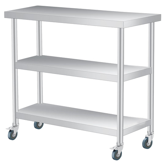 ExploreHorizon Stainless Steel Work Table with Wheels, 3-Shelf Commercial Food Prep Table 18x36x34 Inch, Rust-Resistant Metal Utility Table for Kitchen, Restaurant, Garage, Warehouse, Indoor, Outdoor