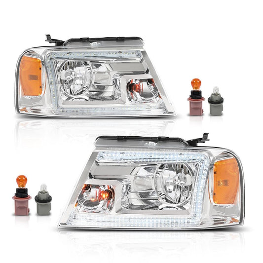 LED DRL Headlights Assembly w/Bulb Fit 2004-2008 Ford F150/2006-2008 Lincoln Mark LT Headlamps(NOT Fit 2004 F150 Heritage/Flareside Beds) Clear Lens Chrome Housing Amber Reflector Faros para Ford F150