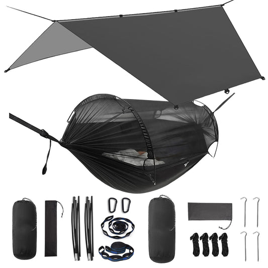 ADVOKAIR Camping Hammock with Mosquito Net and Rain Fly, Up to 500lbs, Ultralight and Portable Nylon Travel Hanging Hammock with Tree Straps, Perfect for Outside, Backpacking, Hiking and Backyard