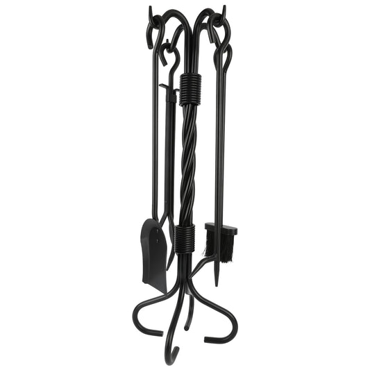 Nouetele 5-Piece Fireplace Tools Set Wrought Iron - NO Assembly - Heavy Duty 32" Solid Steel Fire Poker Set for Outdoor Fire Pit & Wood Stove - Fire Place Set with Tongs, Shovel, Brush, Stand