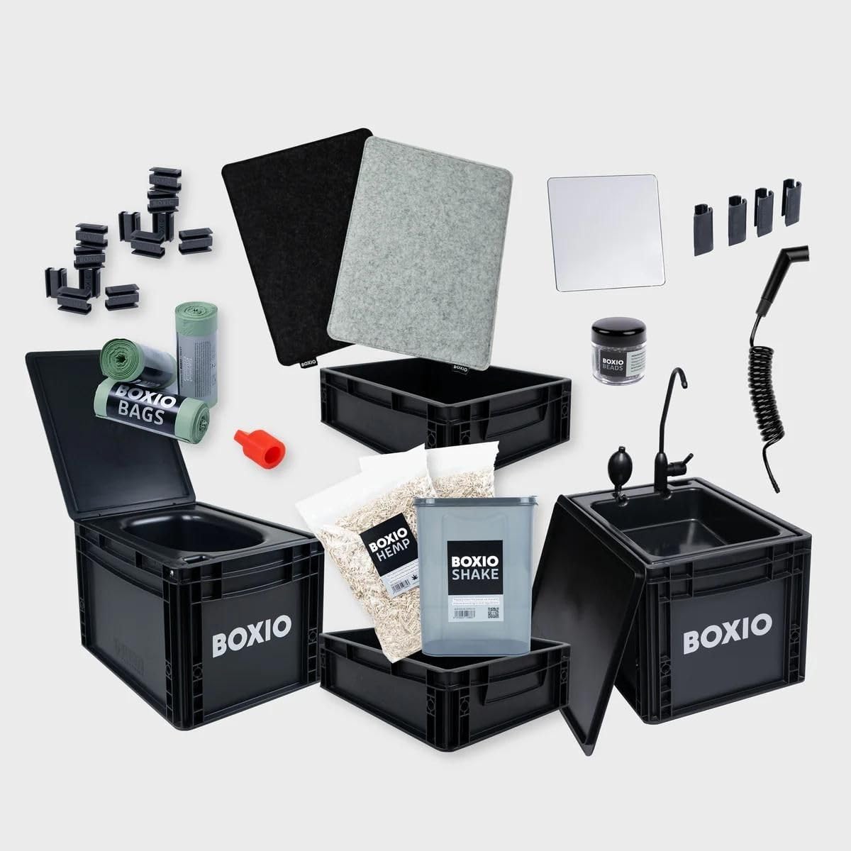 BOXIO - Sanitary Edition: Mobile Camping Bathroom All-in-One Solution, Mobile Camping Sink, Camping Toilet, Shower Head & Extensive Camping Accessories, black