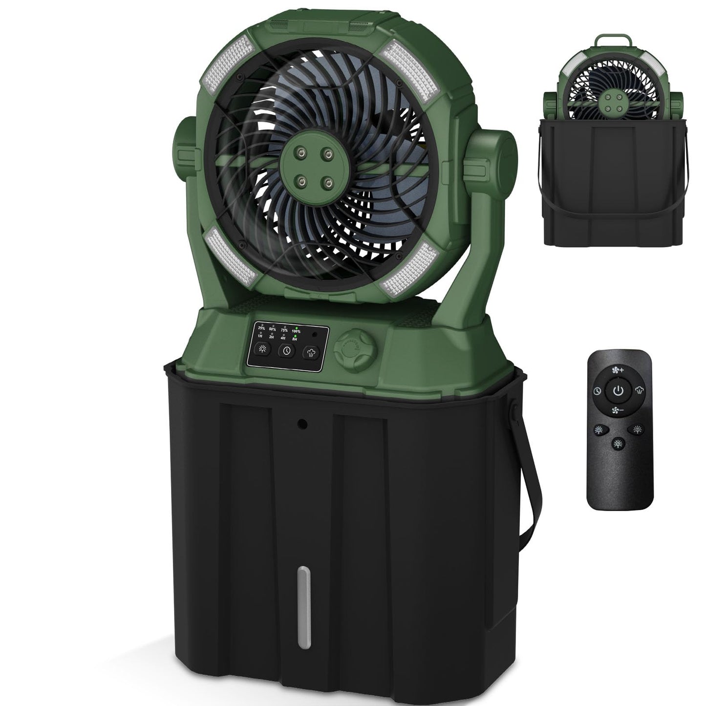 Wilody Portable Misting Fan Rechargeable with Remote Control, 6L Bucket Camping Fan with LED Lights & Stepless Speed Control & Cooling Mist, Portable Handle & Rotate Hook, Timer Function(Deep Green)