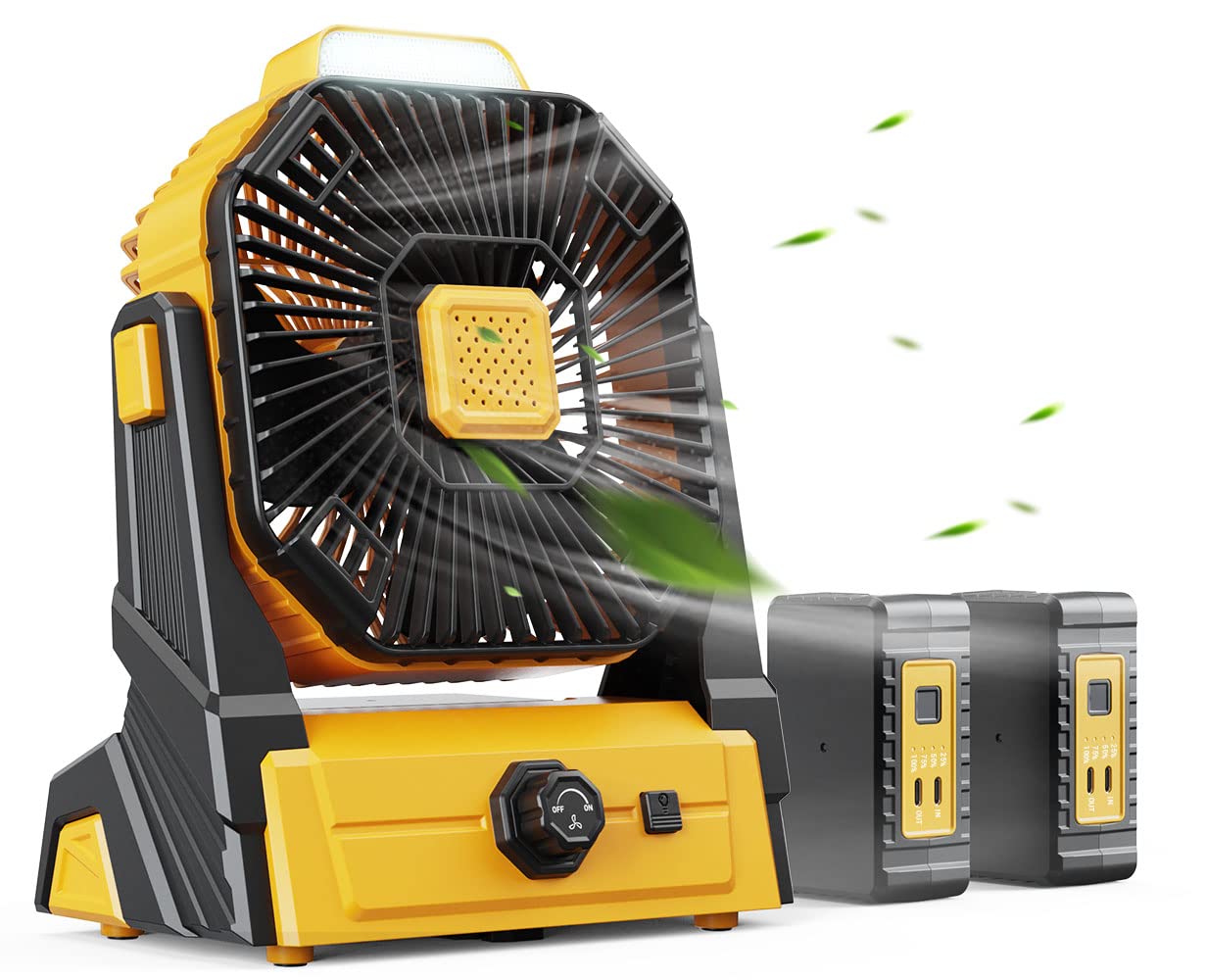 KopBeau Battery Operated Fan, 20800mAh Detachable, Camping Fan with LED Light & Hook for Tent, Outdoor USB Portable Fan Rechargeable for Travel, Hurricane, Hiking, Jobsite, Yellow