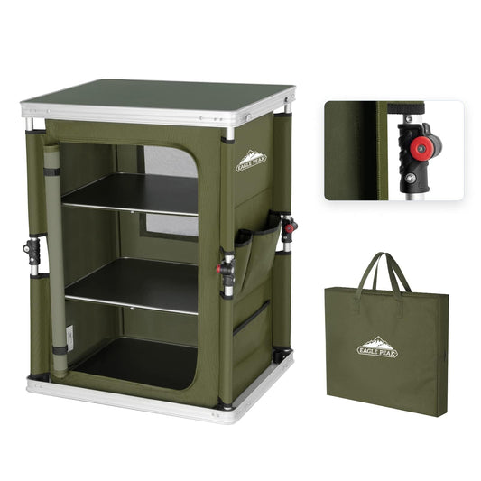 EAGLE PEAK Outdoor Folding Camping Table with Large 3-Tier Storage Organizer and Side Pockets, Easy Set Up Portable Aluminum Camping Kitchen, Green