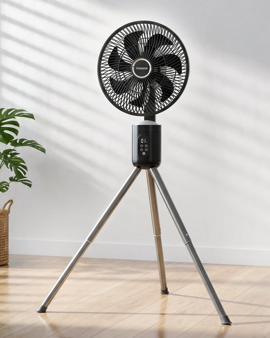 YOKEKON Outdoor Standing Fan for Patio,12" Rechargeable Cordless Pedestal Fan,Hanging 12000mAh Battery Operated Oscillating Fan with Remote,Light, Quiet,8 Speeds,Timer,Gazebo/Deck/Porch/Pergola,Black