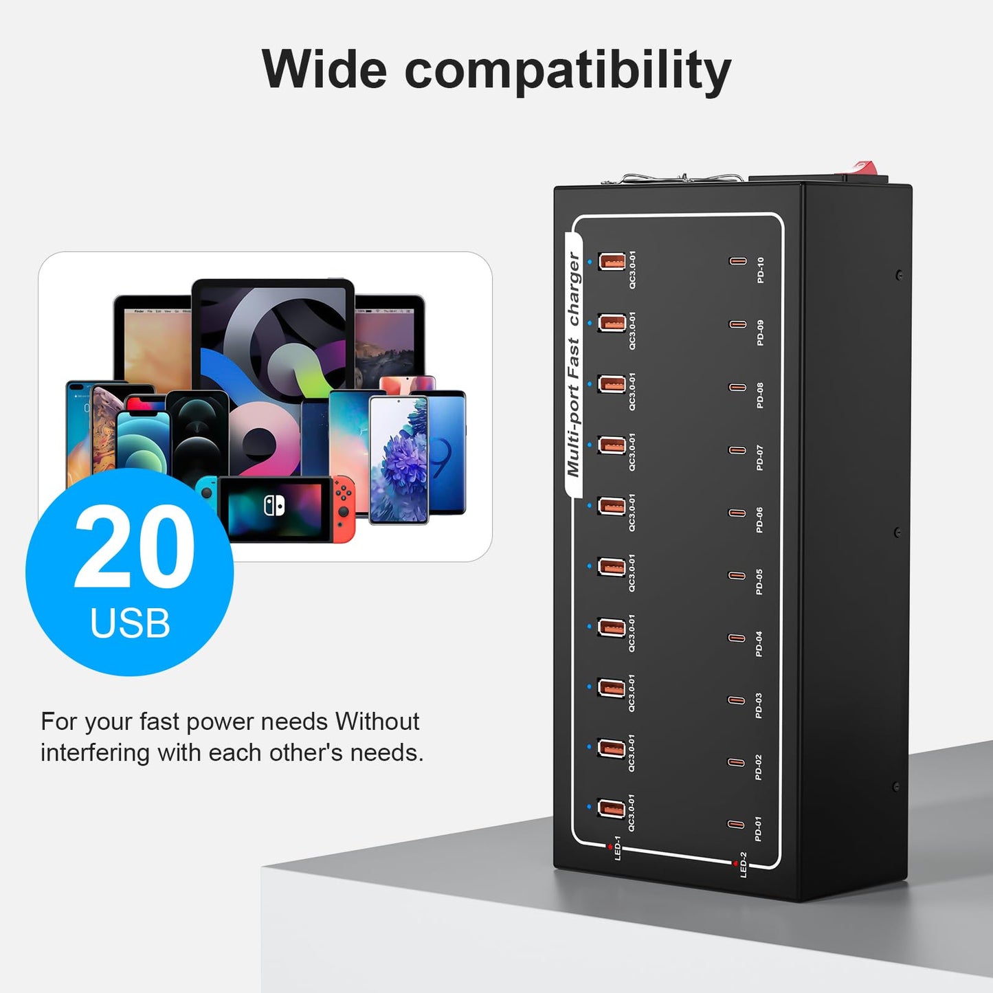 20-Port Fast Charging Station 400W, USB C and USB A Charger Dock with Smart Power Distribution Technology，for Multiple Devices, PD/QC Fast Charging Support