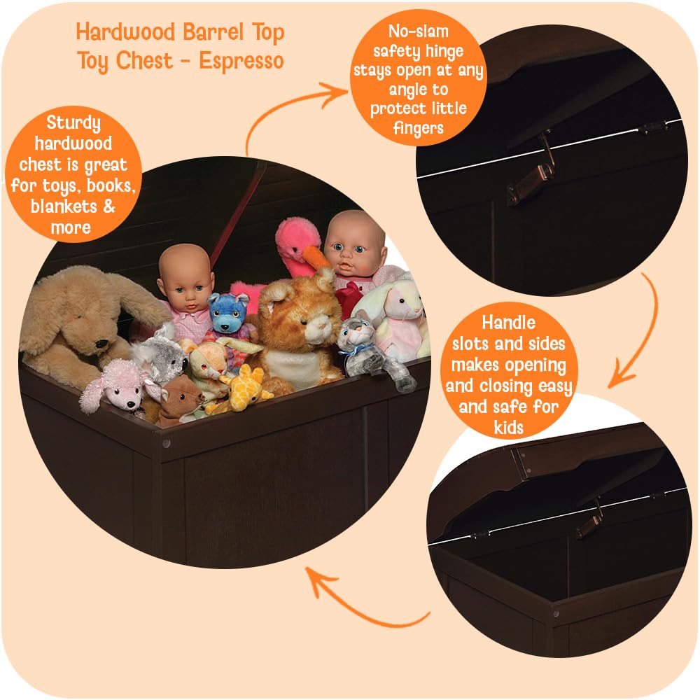 Badger Basket Hardwood Safety Hinge Barrel Top Toy Storage Chest, Espresso, 17x19 Inch (Pack of 1) (01345)